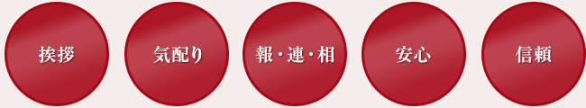 「挨拶」「気配り」「報・連・相」「安心」「信頼」